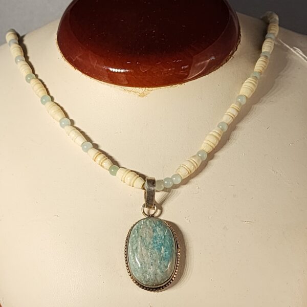 Amazonite and bone neckelace with sterling pendant