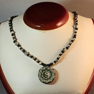 Dalmation jasper, black tourmaline and czech glass neckelace with clay pendant