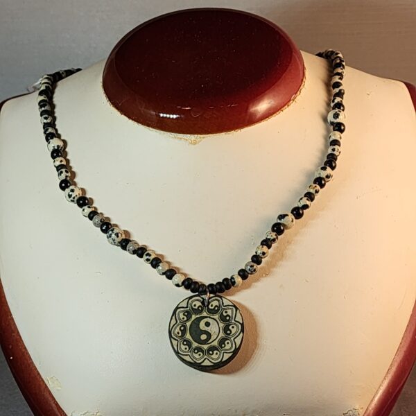 Dalmation jasper, black tourmaline and czech glass neckelace with clay pendant