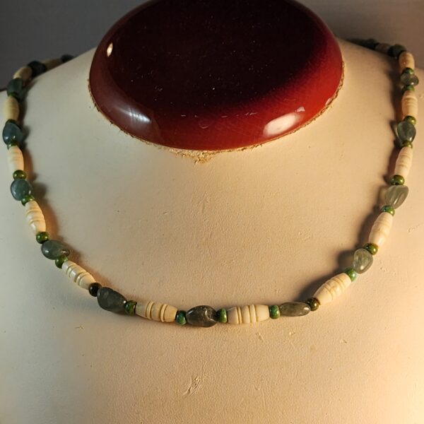 Green apatite, bone, and czech glass necklace