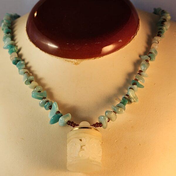 Amazonite necklace with carved locket jar