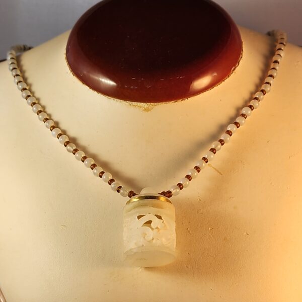 White lace agate necklace with carved locket