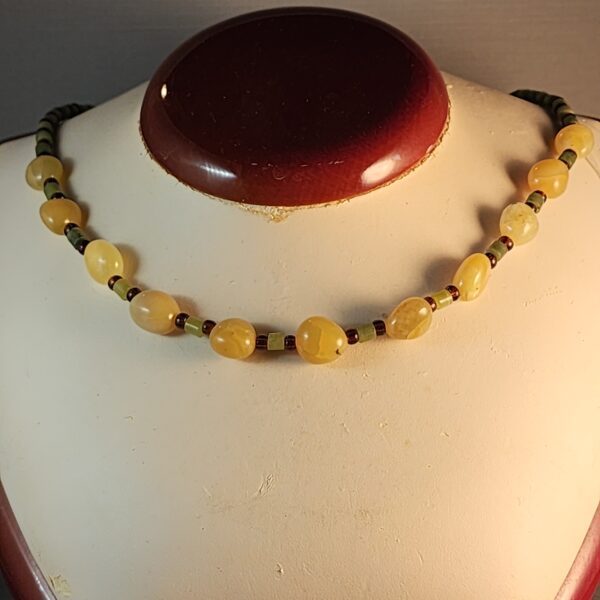 Yellow opal, nephrite jade, czech glass, and sterling silver necklace