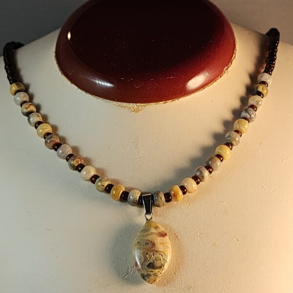 Crazy lace agate, czech glass, and sterling silver necklace